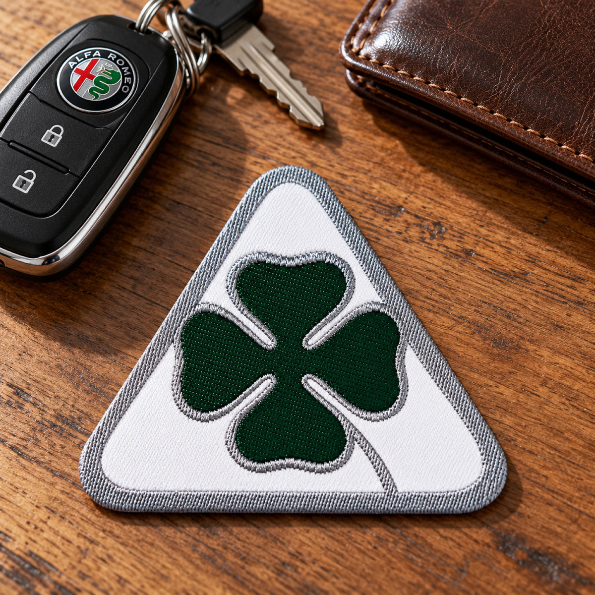 Emblemă textilă Alfa Romeo Quadrifoglio – 50 mm – fotografie ilustrativă (AI)