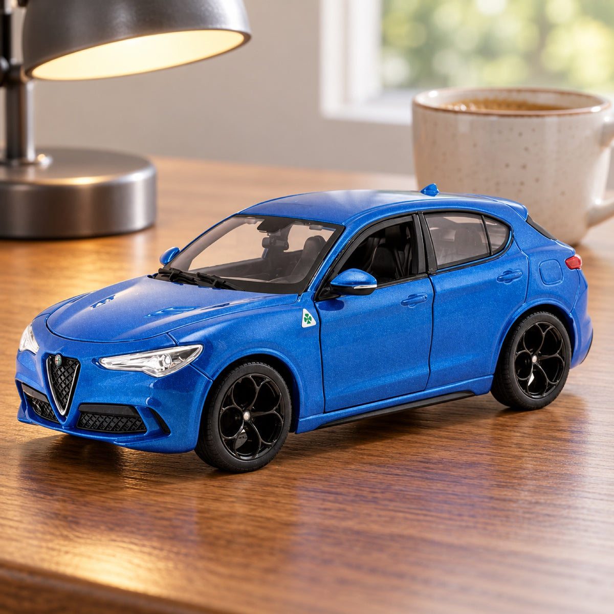 Machetă Alfa Romeo Stelvio Q4 Quadrifoglio 1:24 – albastră – fotografie ilustrativă (AI)