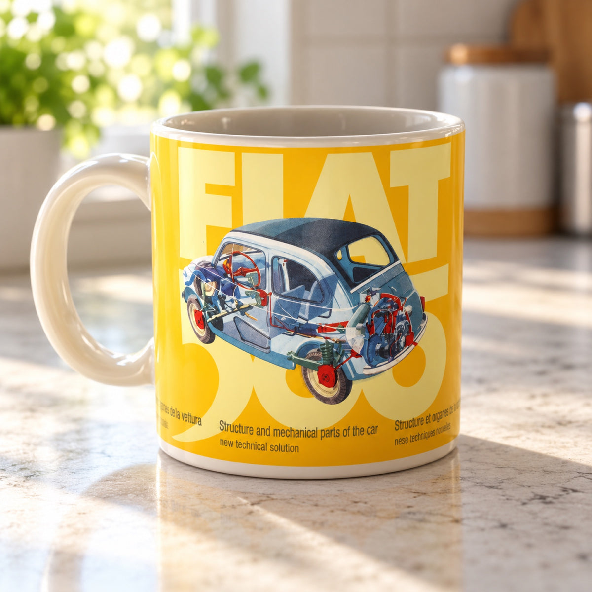Cană ceramică Fiat 500 – galbenă, produs oficial – fotografie ilustrativă (AI)