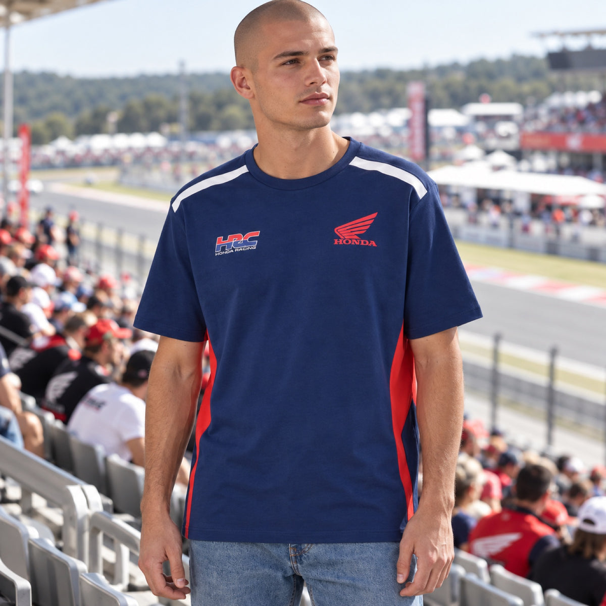 Tricou pentru fani HRC Honda cu logo – albastru – fotografie ilustrativă (AI)