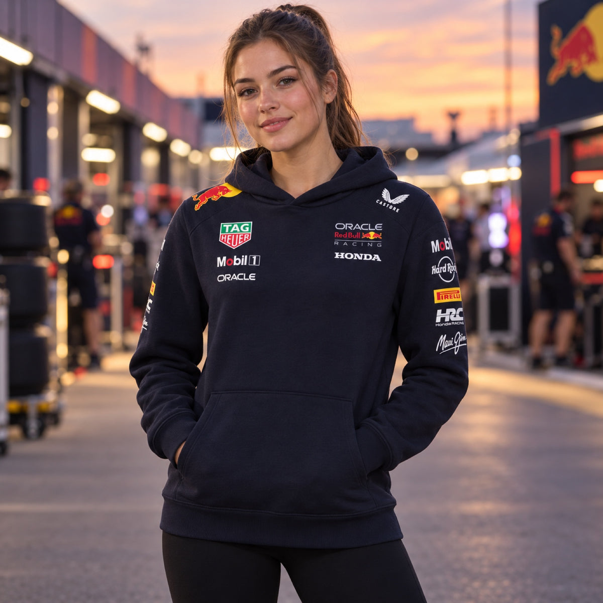 Hanorac de echipă Oracle Red Bull Racing cu logo-urile sponsorilor – fotografie ilustrativă (AI)