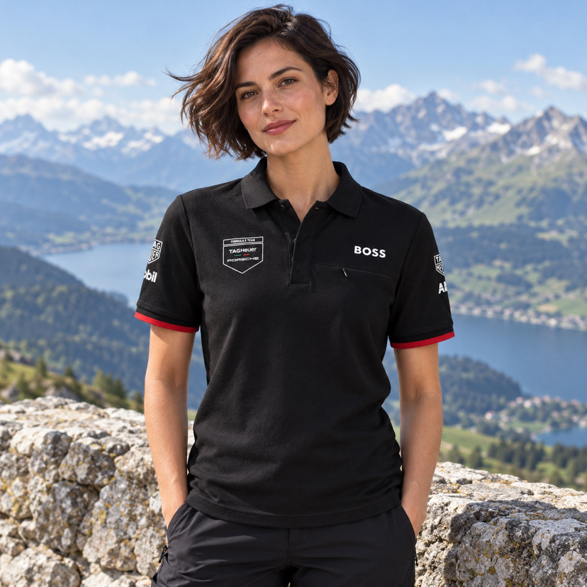 Tricou polo de echipă Porsche Motorsport Formula E – negru – fotografie ilustrativă (AI)