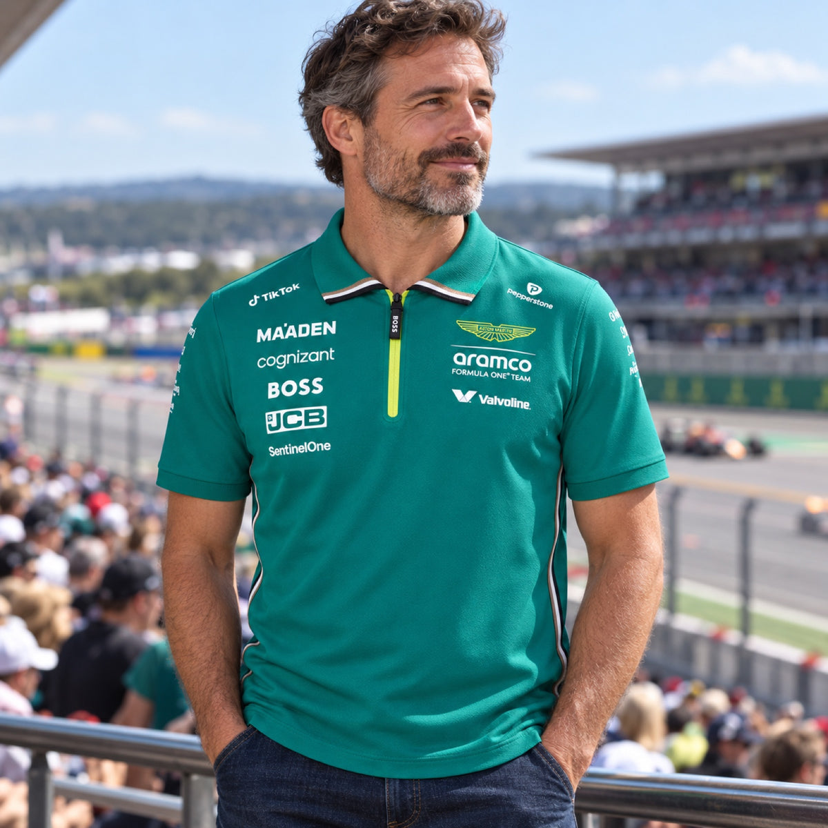 Tricou polo Aston Martin F1 Team cu logo-urile sponsorilor – fotografie ilustrativă (AI)