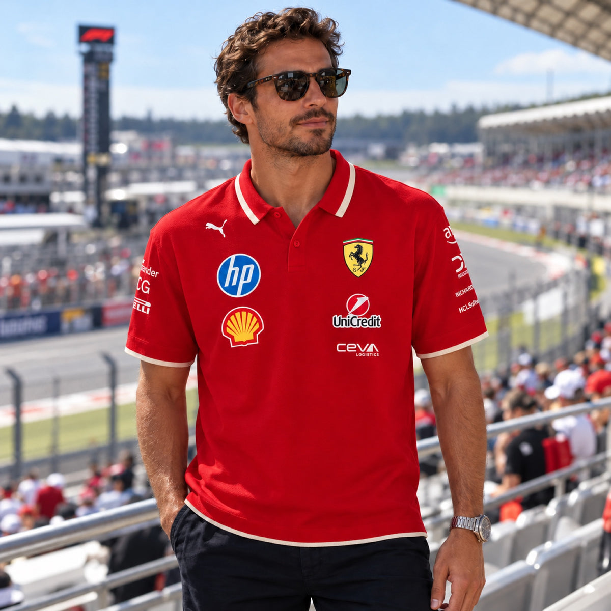Tricou polo de echipă Scuderia Ferrari F1 2025 – ediție specială China – fotografie ilustrativă (AI)