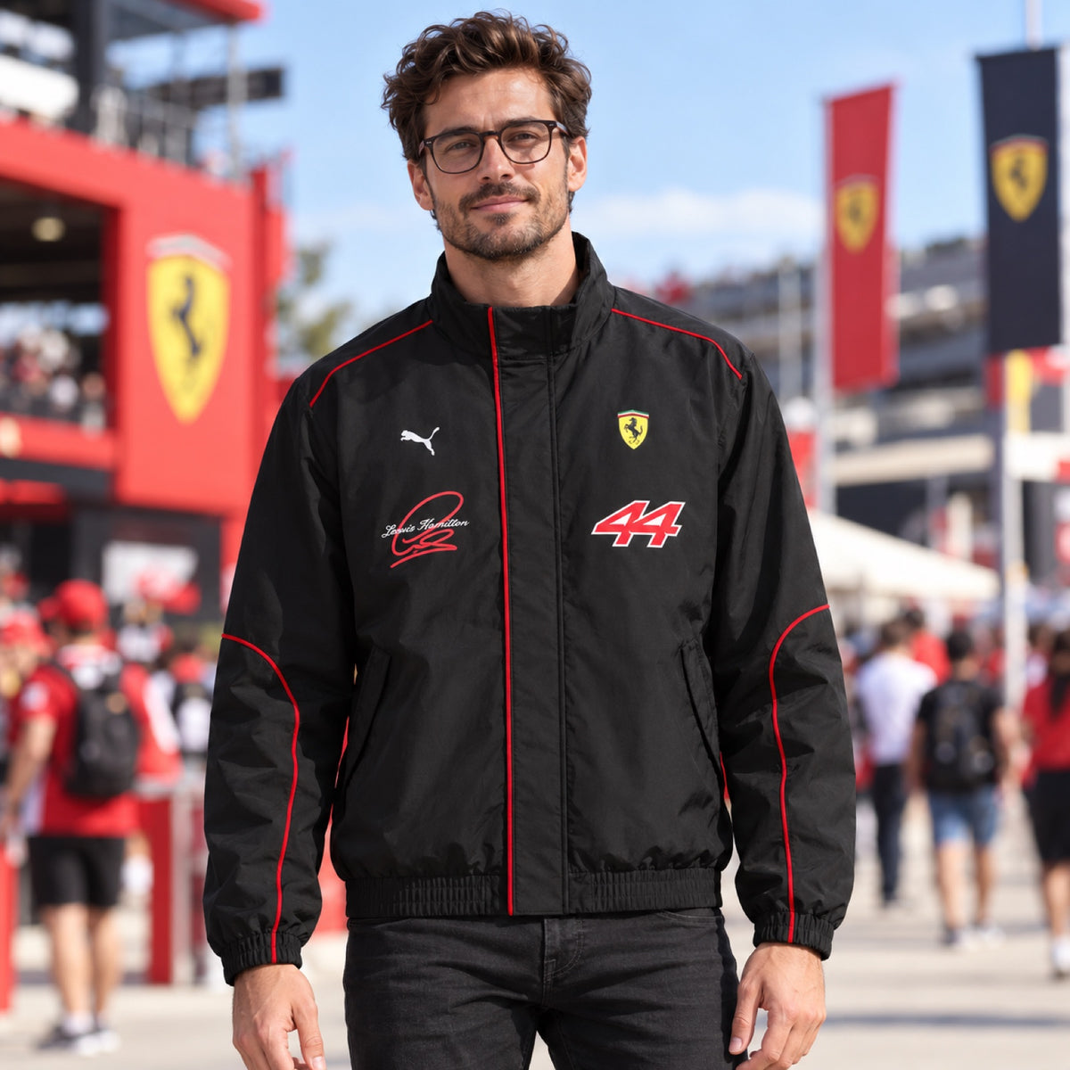 Geacă Lewis Hamilton Scuderia Ferrari F1 x Puma – ediție pentru fani – fotografie ilustrativă (AI)
