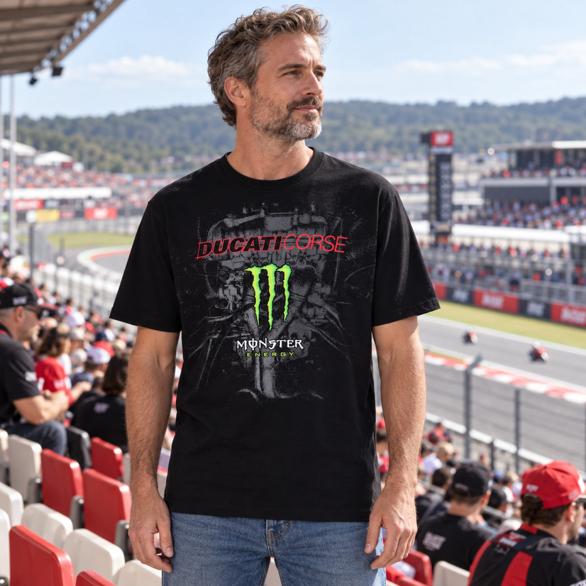 Tricou pentru fani Ducati Corse Monster Energy – negru – fotografie ilustrativă (AI)