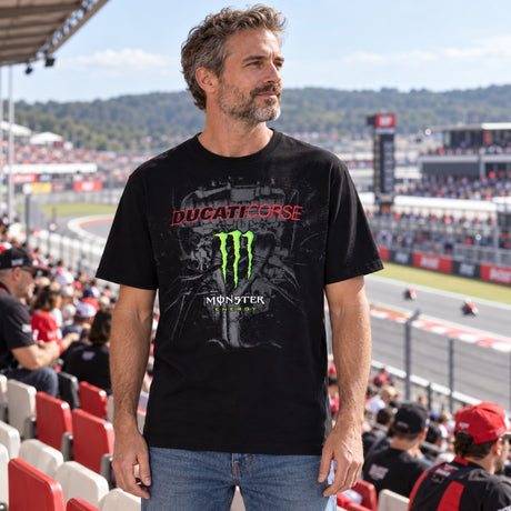Tricou pentru fani Ducati Corse Monster Energy – negru – fotografie ilustrativă (AI)