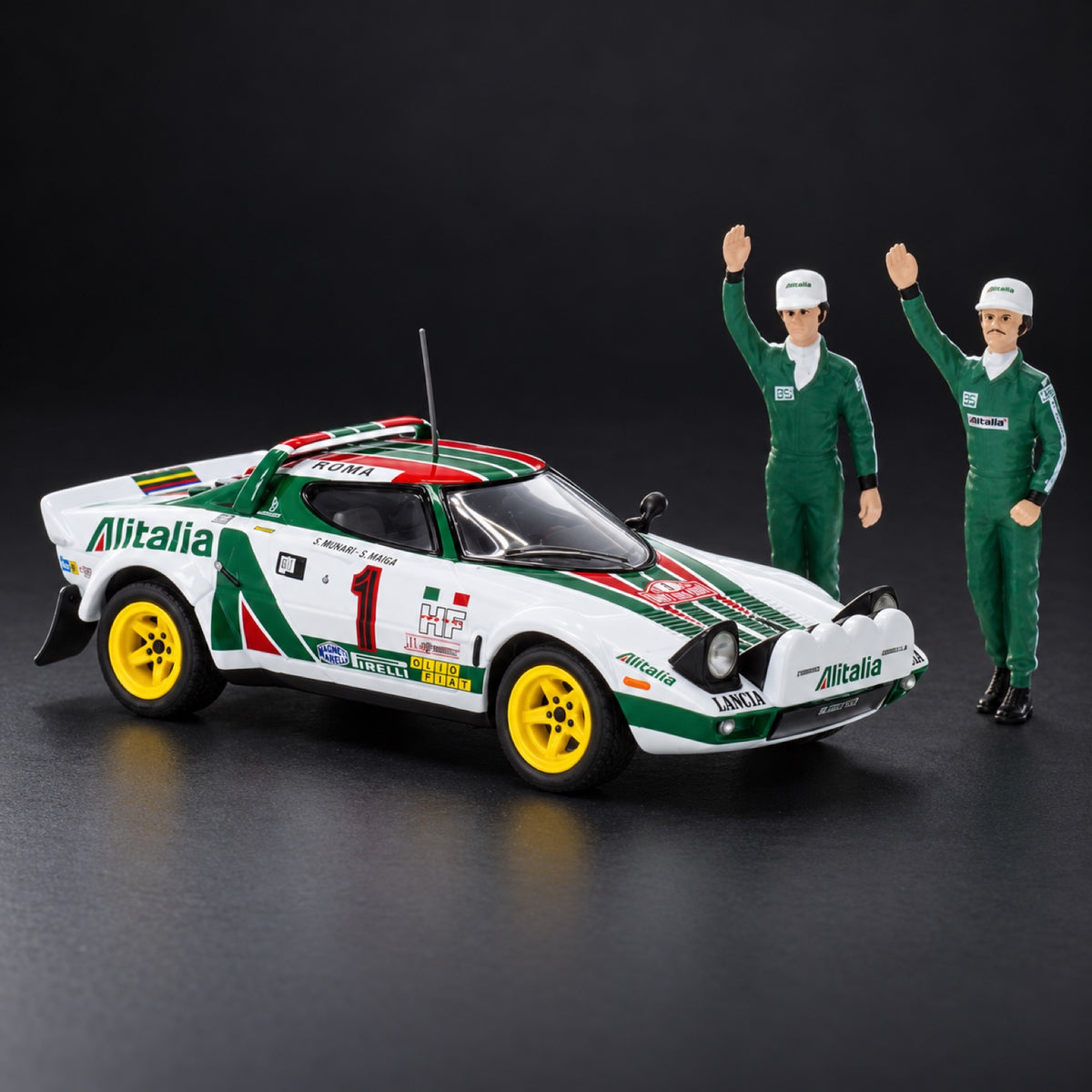 Lancia Stratos HF, No.1, Alitalia, WRC, Rallye Monte Carlo, câștigător, cu figurine, S. Munari/S. Maiga, 1977 – fotografie ilustrativă (AI)
