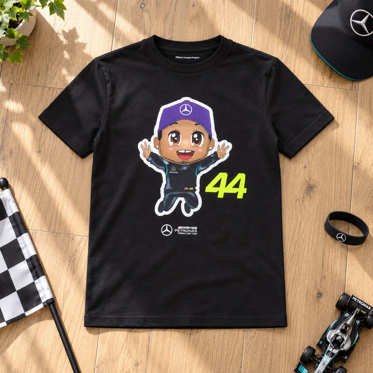 Tricou pentru copii Lewis Hamilton Mercedes-AMG F1 – negru – 152 cm – fotografie ilustrativă (AI)