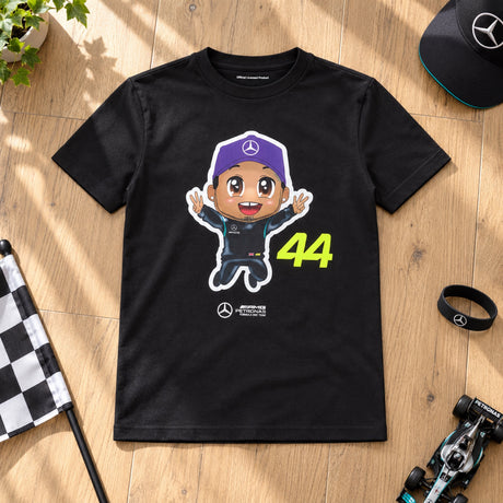 Tricou pentru copii Lewis Hamilton Mercedes-AMG F1 – negru – 152 cm – fotografie ilustrativă (AI)