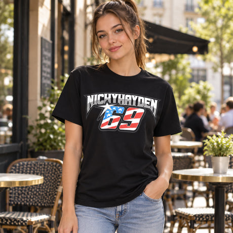 Tricou Nicky Hayden 69 cu logo – negru – fotografie ilustrativă (AI)