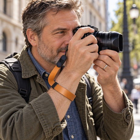 Peak Design Cuff curea de piele pentru aparat foto, de încheietură – Amber – fotografie ilustrativă (AI)
