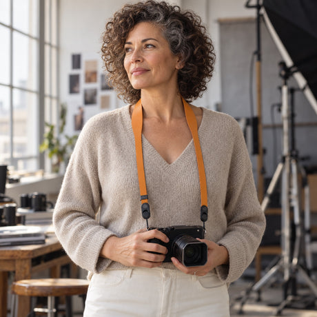 Peak Design Form curea de piele pentru aparat foto scurtă – Amber – fotografie ilustrativă (AI)