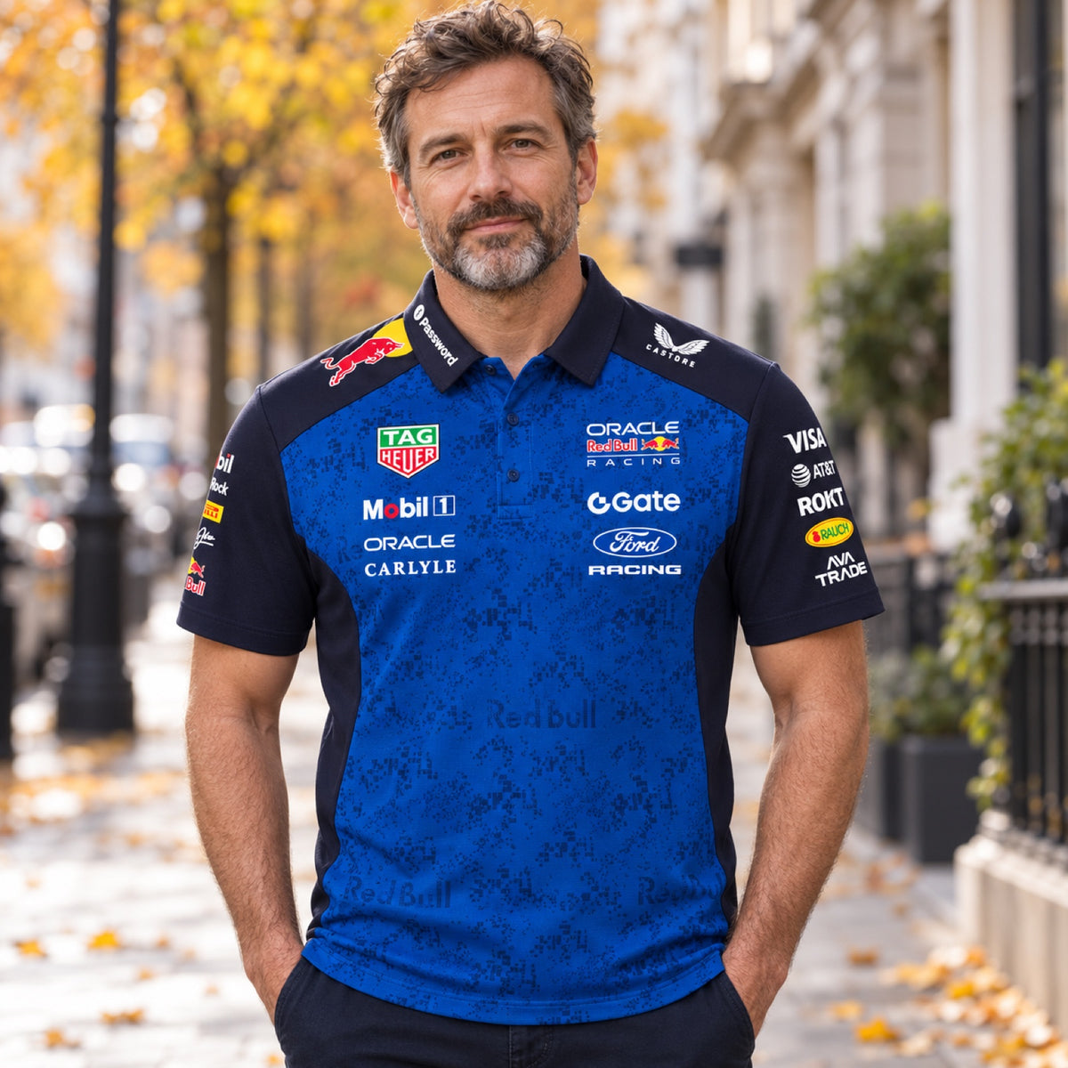 Oracle Red Bull Racing Team Polo with Sponsor Logos – illustrative photo (AI)