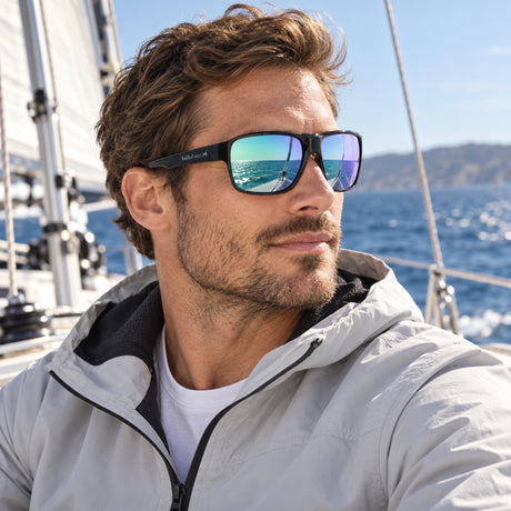 Ochelari de soare Red Bull Spect CHOP – negri cu lentile verde-mov – fotografie ilustrativă (AI)