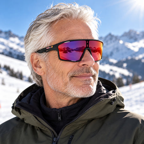 Ochelari de soare Red Bull Spect RUMBLE – negri cu lentile albastru-mov – fotografie ilustrativă (AI)