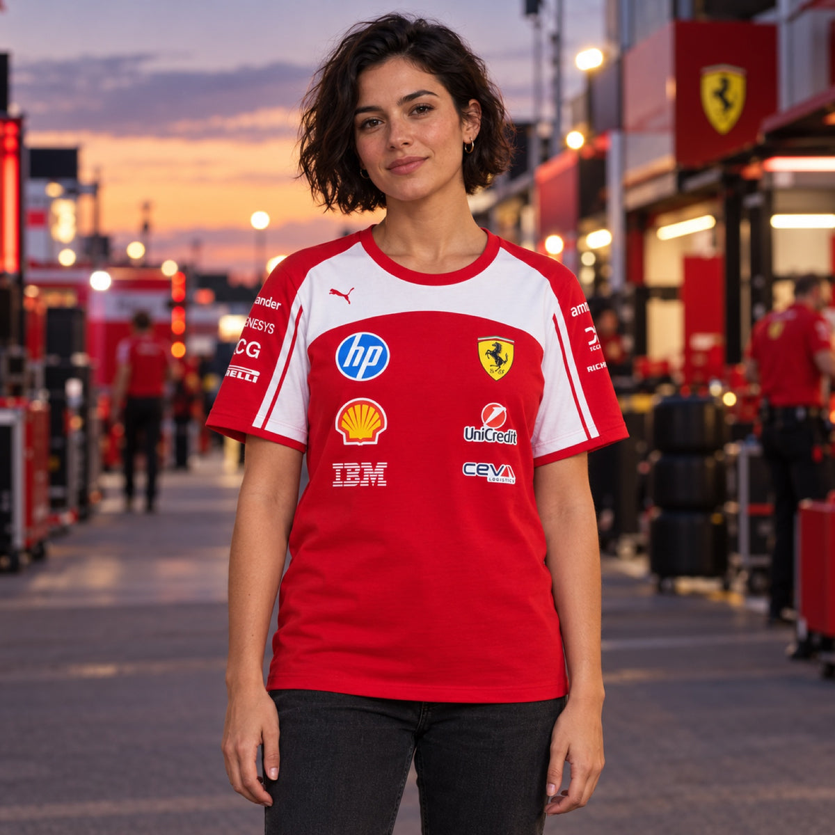 Tricou de echipă de damă Scuderia Ferrari F1 x Puma cu logo-urile sponsorilor – fotografie ilustrativă (AI)