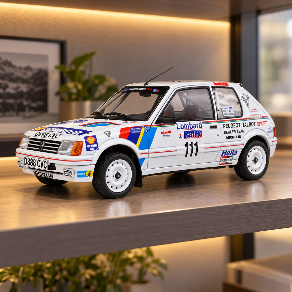 Machetă Solido Peugeot 205 GTI Colin McRae 1:18 – Lombard Rally 1988 – fotografie ilustrativă (AI)