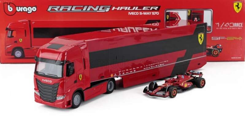 Machetă Scuderia Ferrari SF-24 BBurago #16 Charles Leclerc 2024 cu camion Iveco