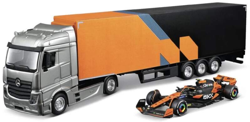 Machetă McLaren MCL38 BBurago #4 Lando Norris 2024 cu camion Mercedes