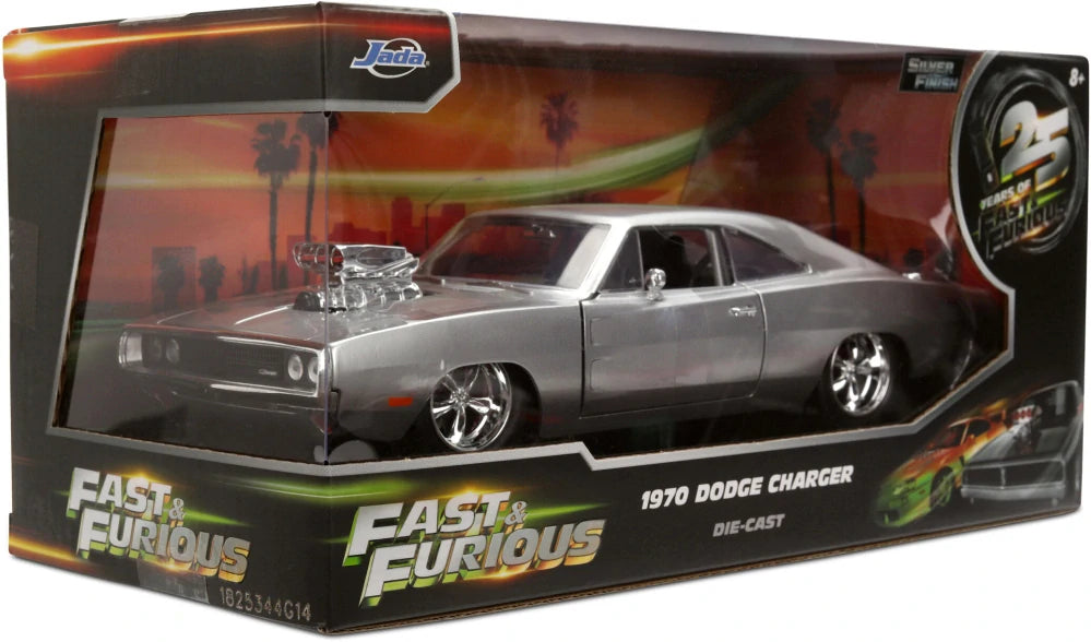 Machetă Jada Fast & Furious 1970 Dodge Charger R/T 1:24 – 25th Anniversary Silver