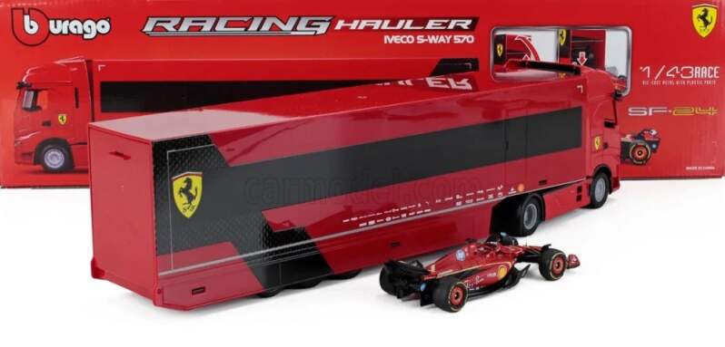 Machetă Scuderia Ferrari SF-24 BBurago #16 Charles Leclerc 2024 cu camion Iveco