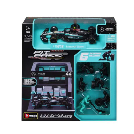 Machetă Bburago Mercedes F1 1:43 Lewis Hamilton cu machetă de box